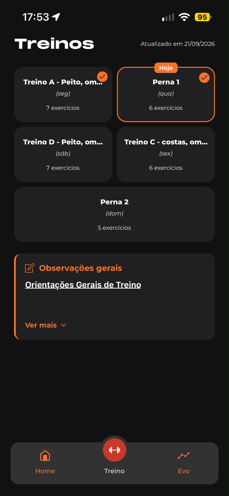 Screenshot do aplicativo Treino.io com lista de treinos